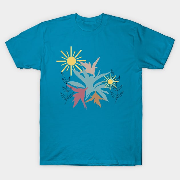 Boho style leaves sunny colorful pattern design T-Shirt by Earthy Planty